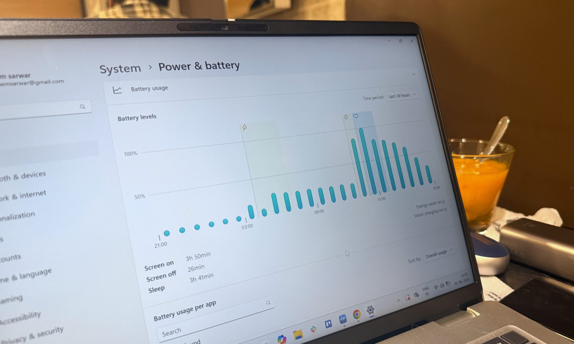 Battery life metrics on the Dell Pro 14 laptop.