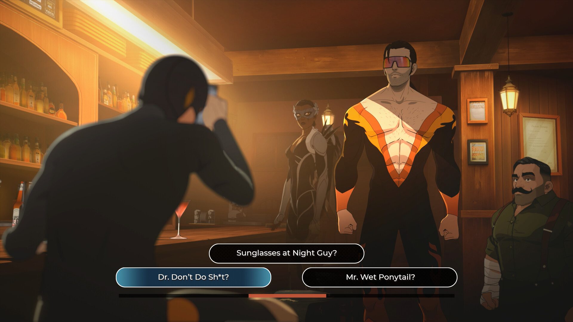 A character talks to a superhero in Dispatch.
