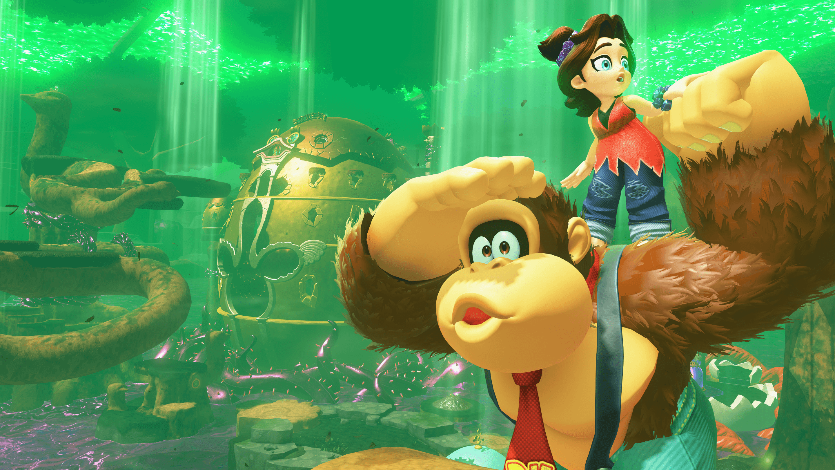 Pauline stands on Donkey Kong's shoulder in Donkey Kong Bananza.