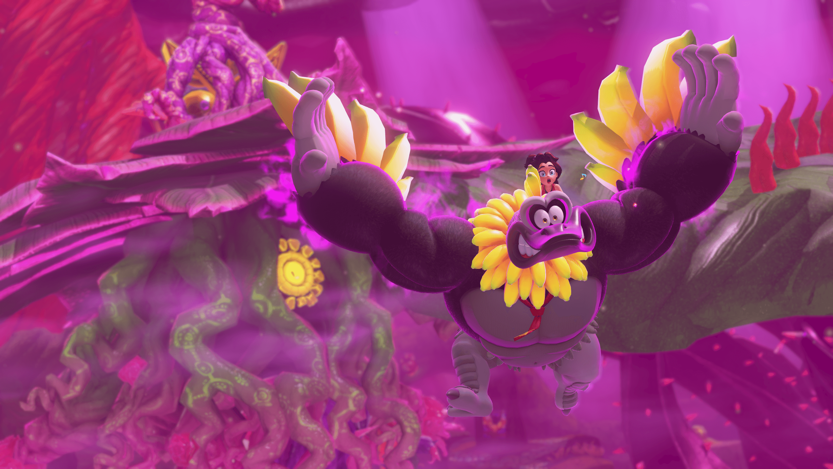 Donkey Kong glides through the air in bird form in Donkey Kong Bananza.