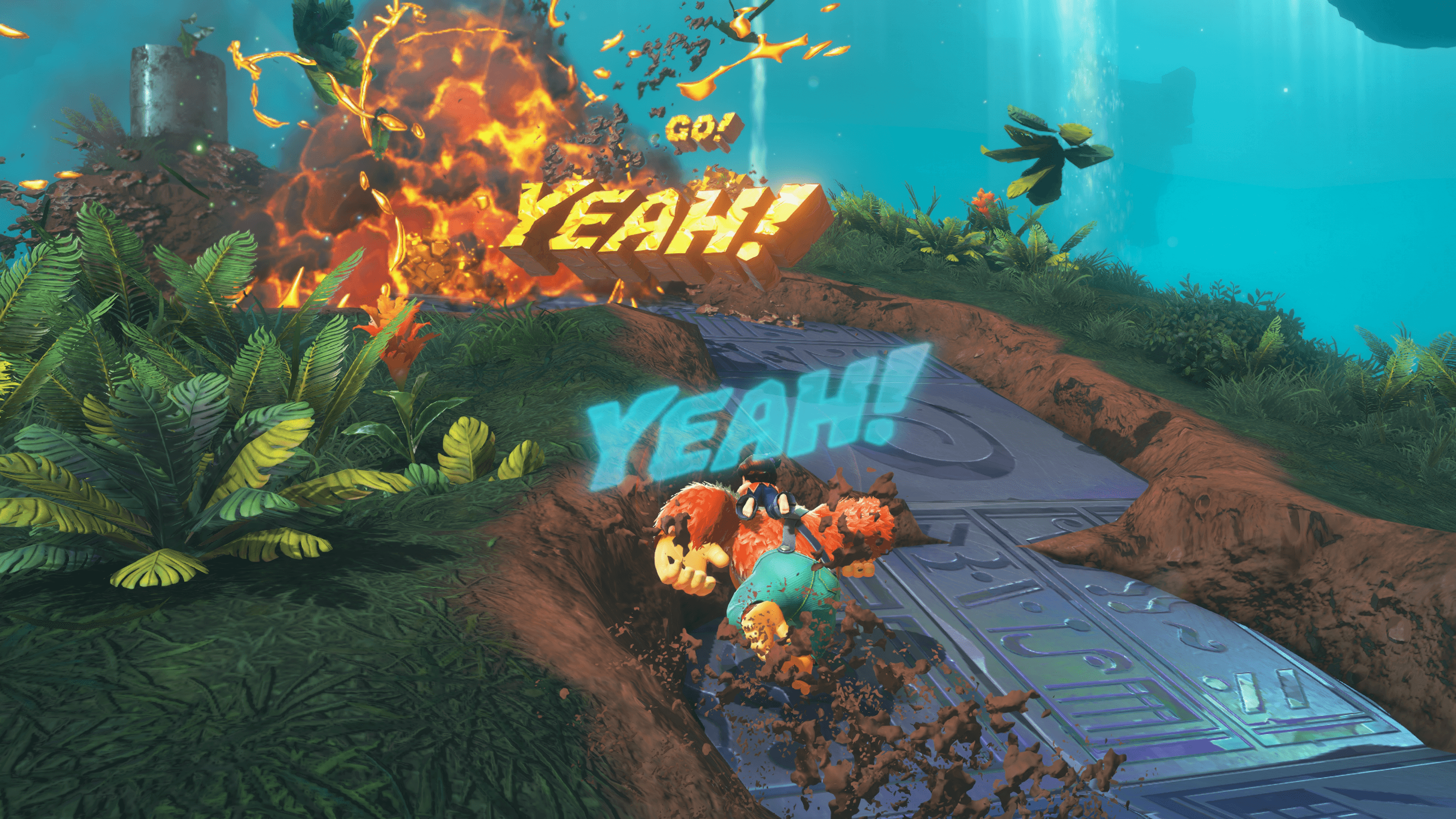 Donkey Kong and Pauline blast the enviornment in Donkey Kong Bananza.,