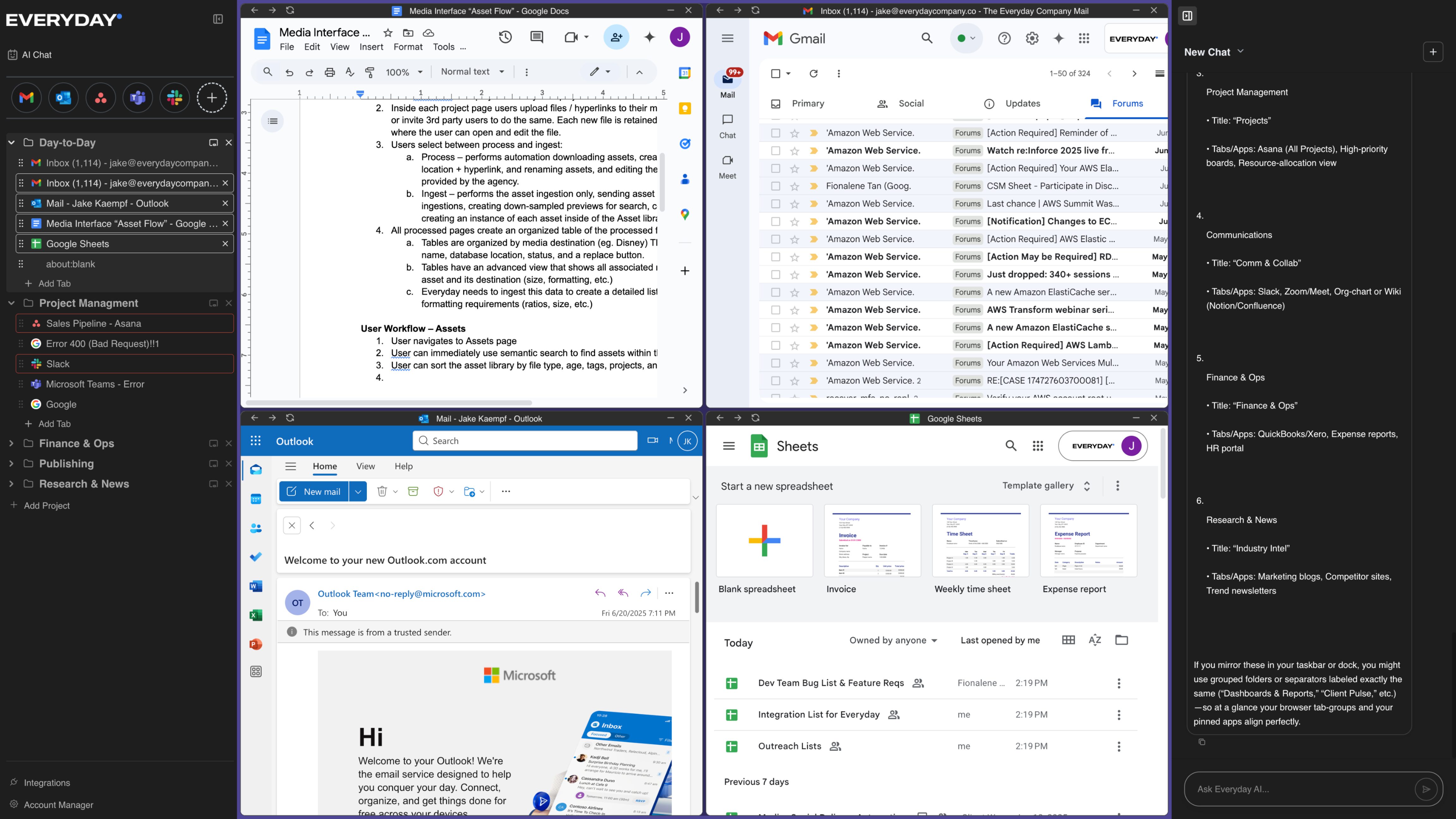everyday app with split screen and AI agent window