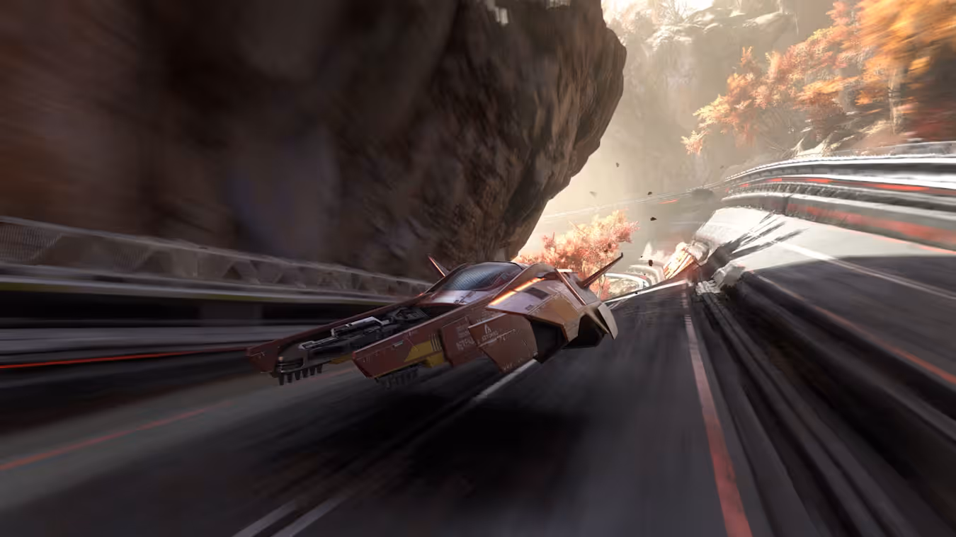 A car drives down a track in Fast Fusion.