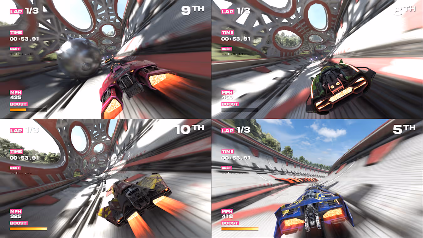 Four players play Fast Fusion in splitscreen.