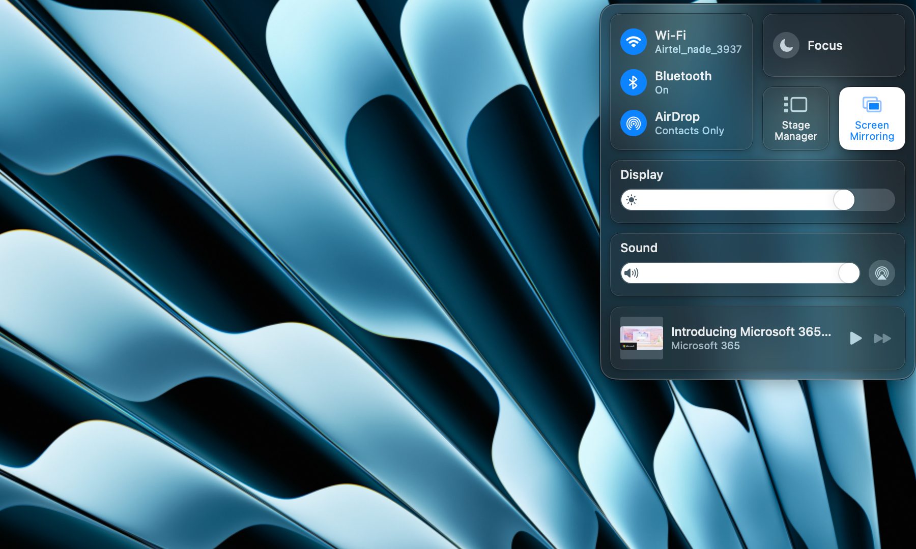 Control center on macOS.