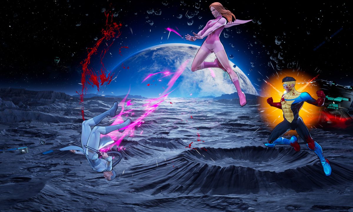 Atom Eve and Invincible fight an opponent on the moon in Invincible Vs.