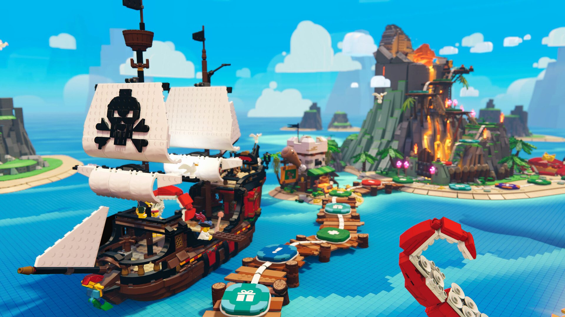 A Lego pirate ship appears in a bay in Lego Party.