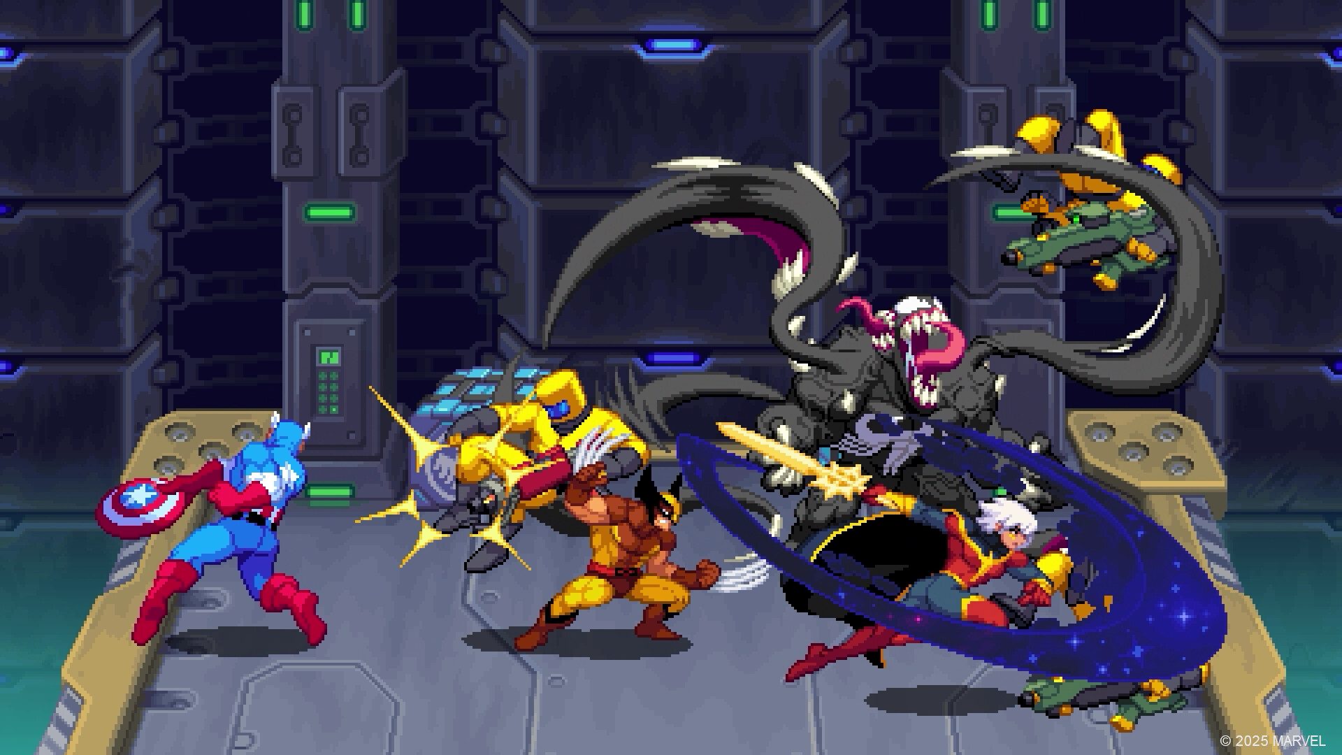 Captain America, Wolverine, and more heroes fight enemies in Marvel Cosmic Invasion.