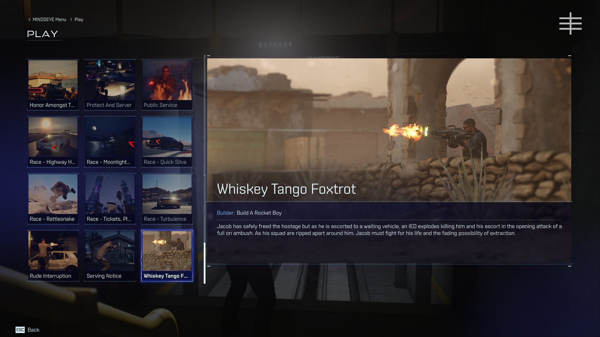 A menu full of side missions appears in MindsEye.