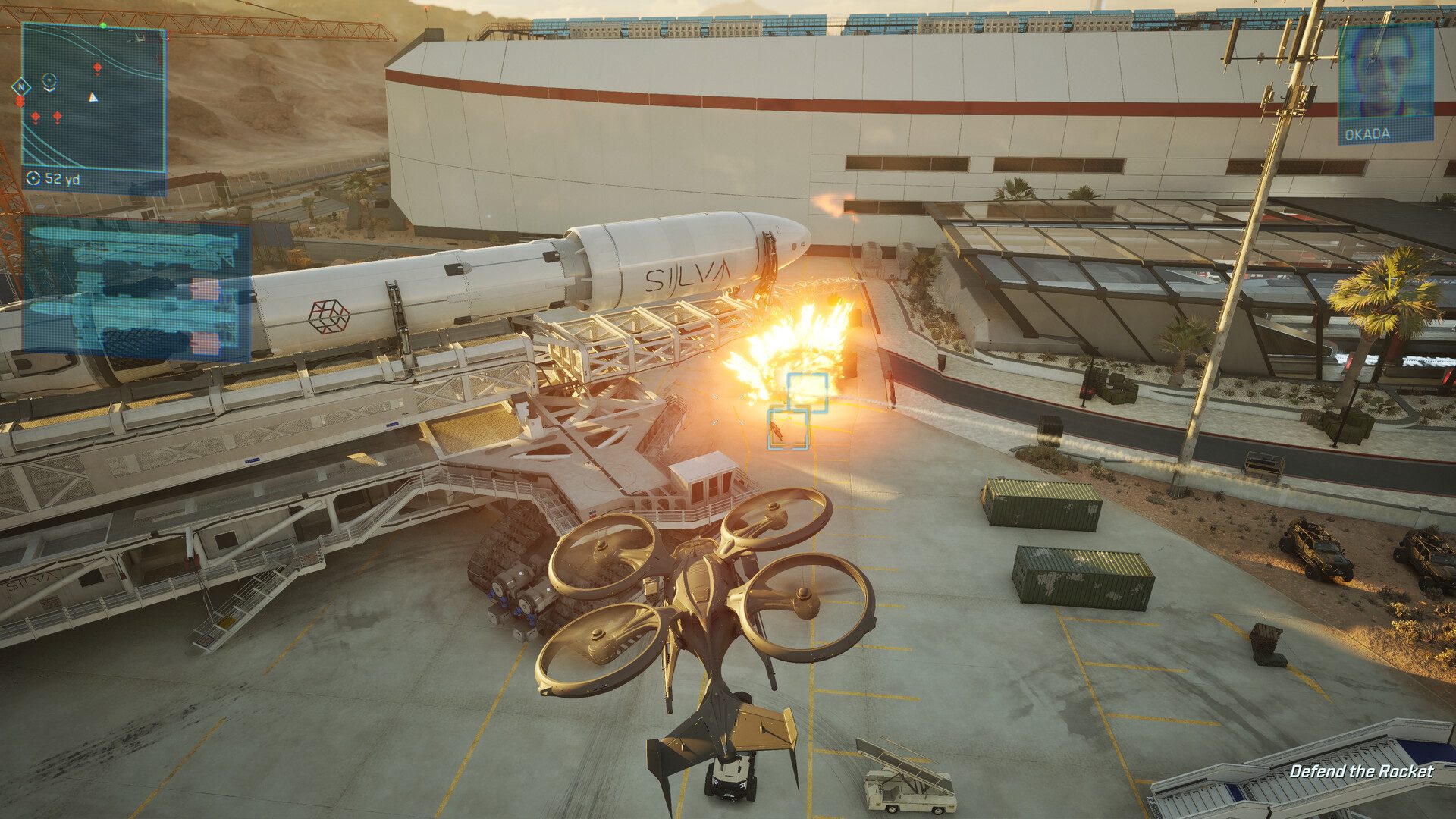 A drone fires at enemies in MindsEye.