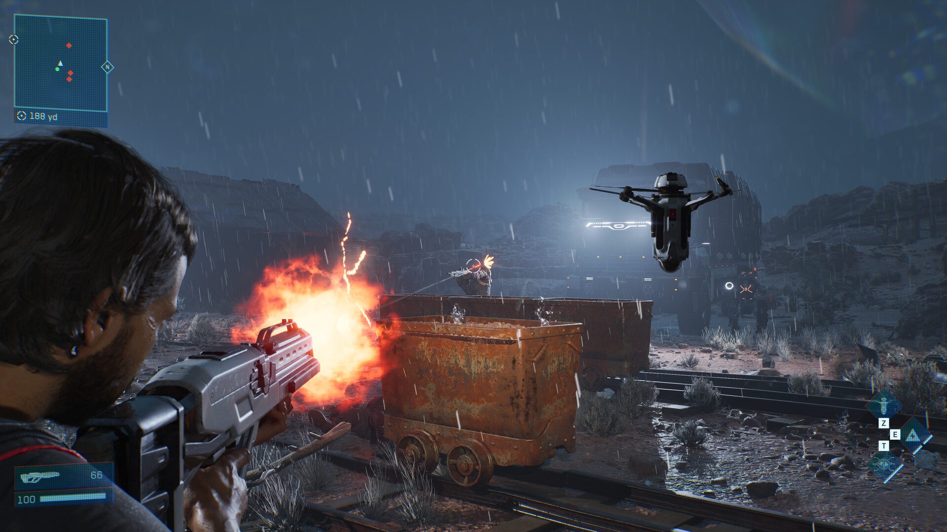 Jacob shoots at an enemy in MindsEye.