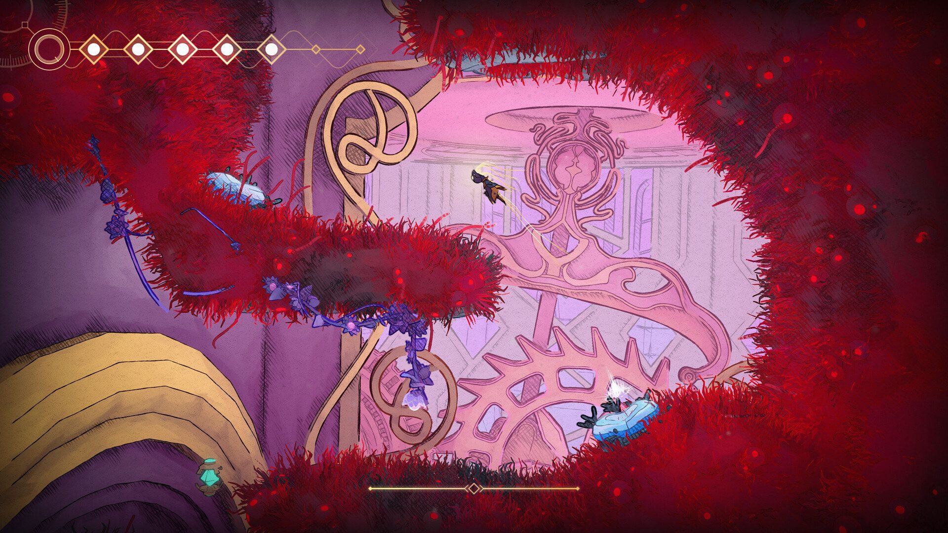 A character platforms around red obstacles in Mio: Memories or Orbit.