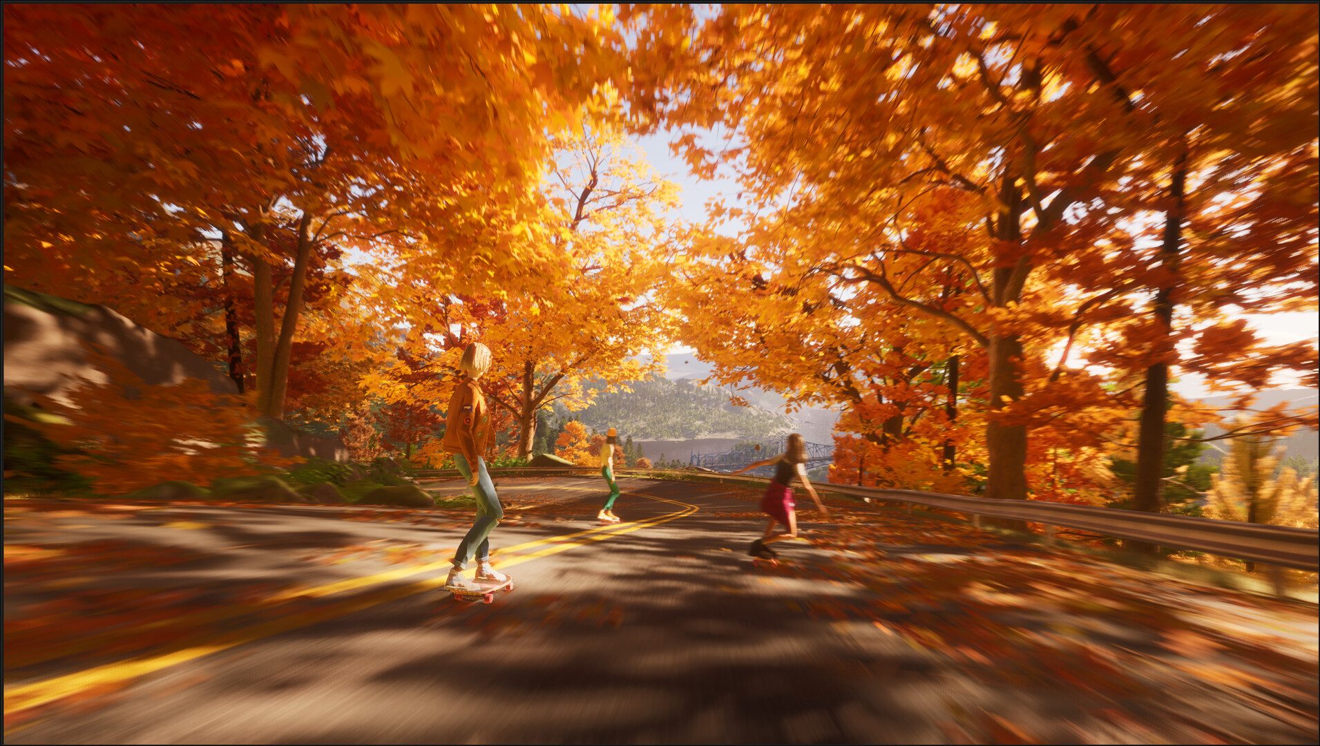 Characters skateboard down a street in Mixtape.