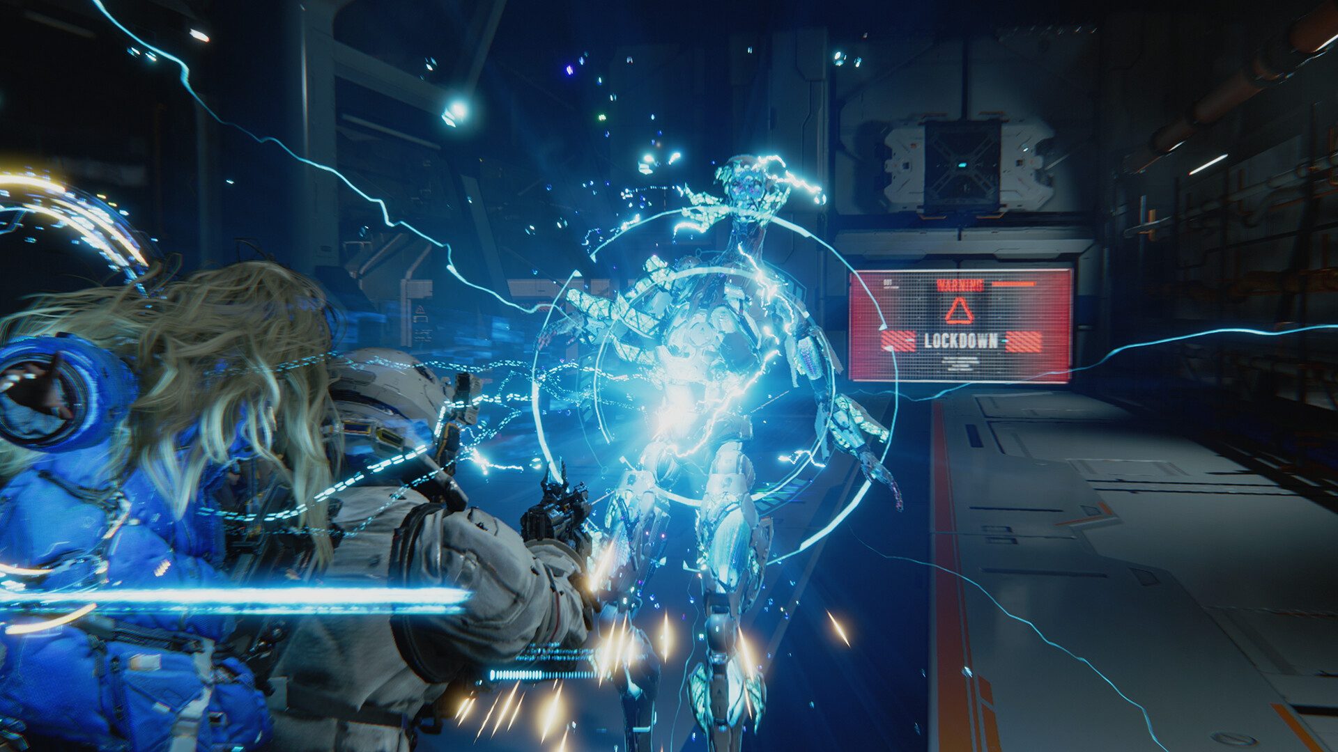 Hugh shoots at a robot in Pragmata.