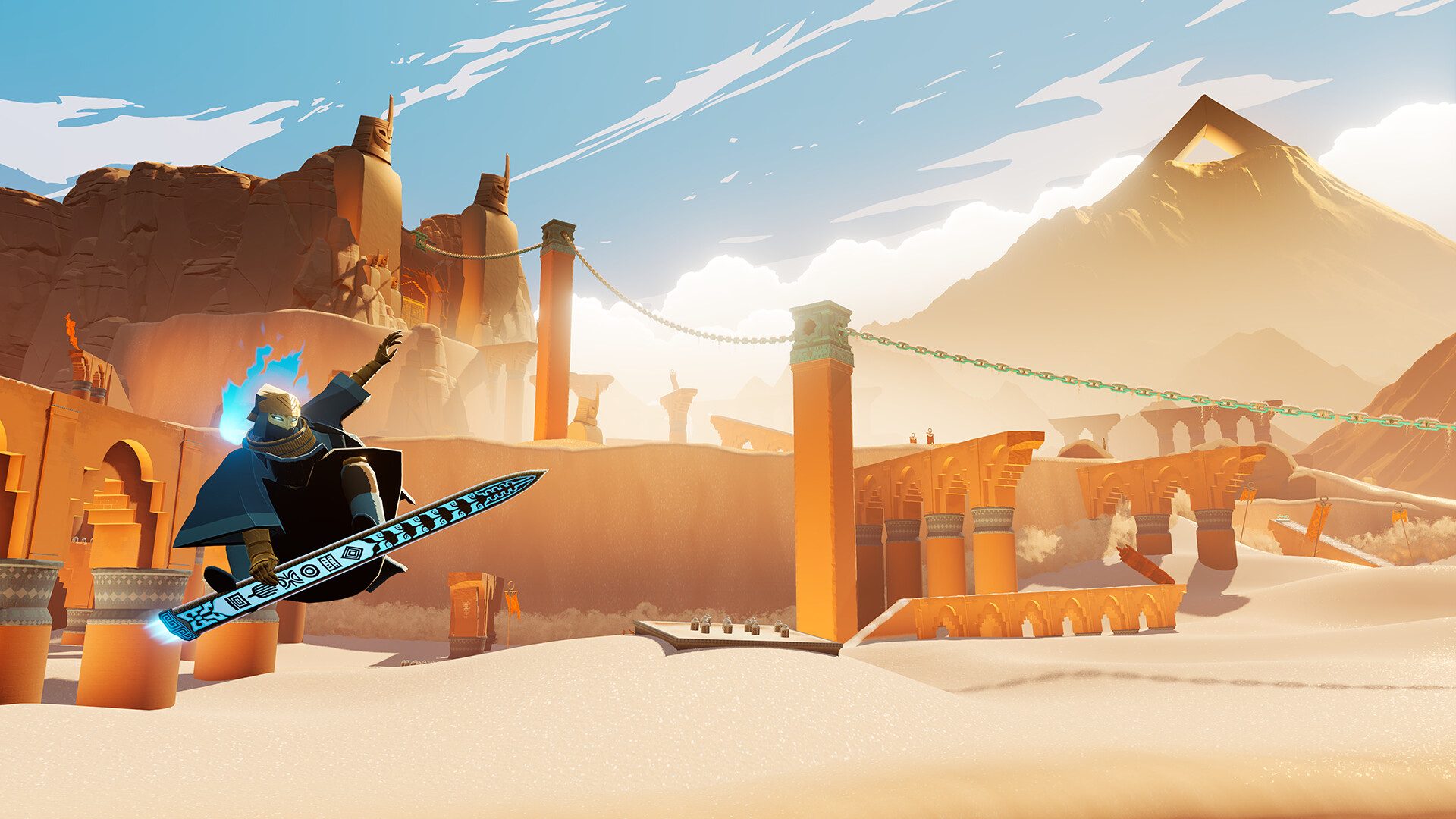A character surfs on sand dunes in Sword of the Sea.