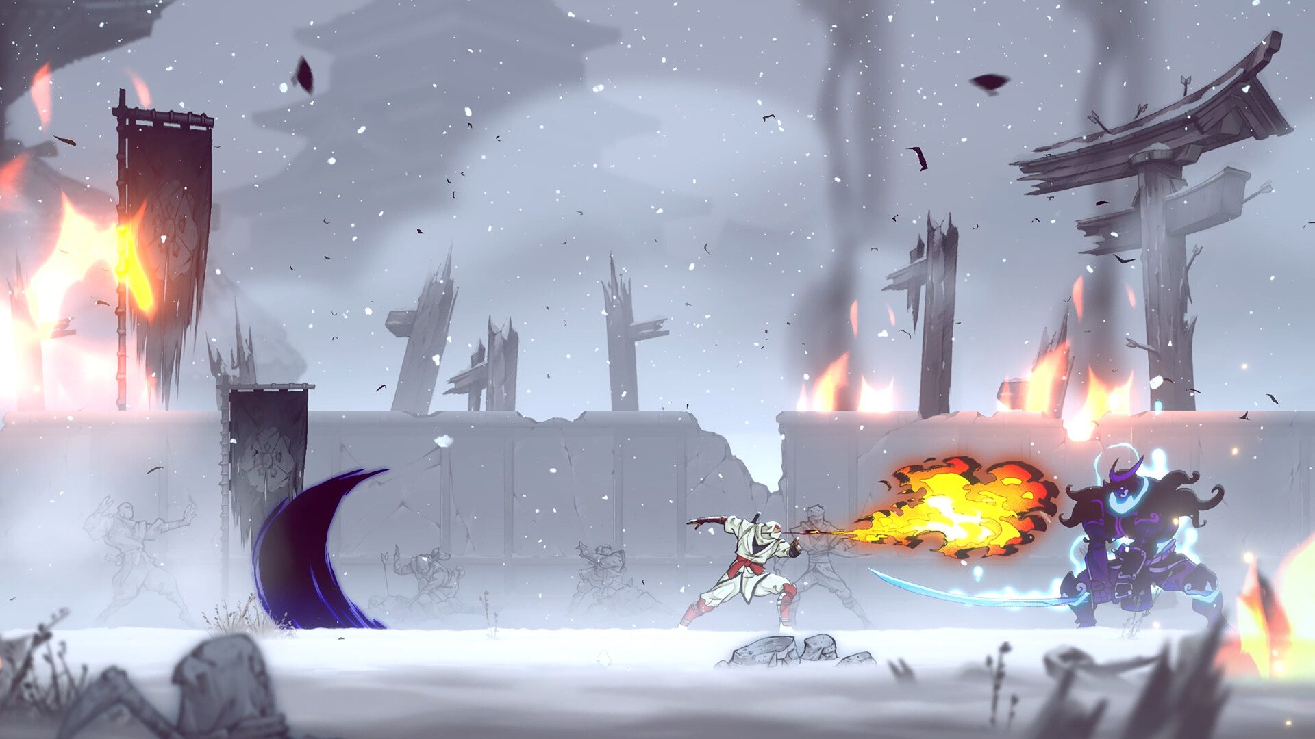 A ninja shoots fire at a boss in Shinobi: Art of Vengeance. 