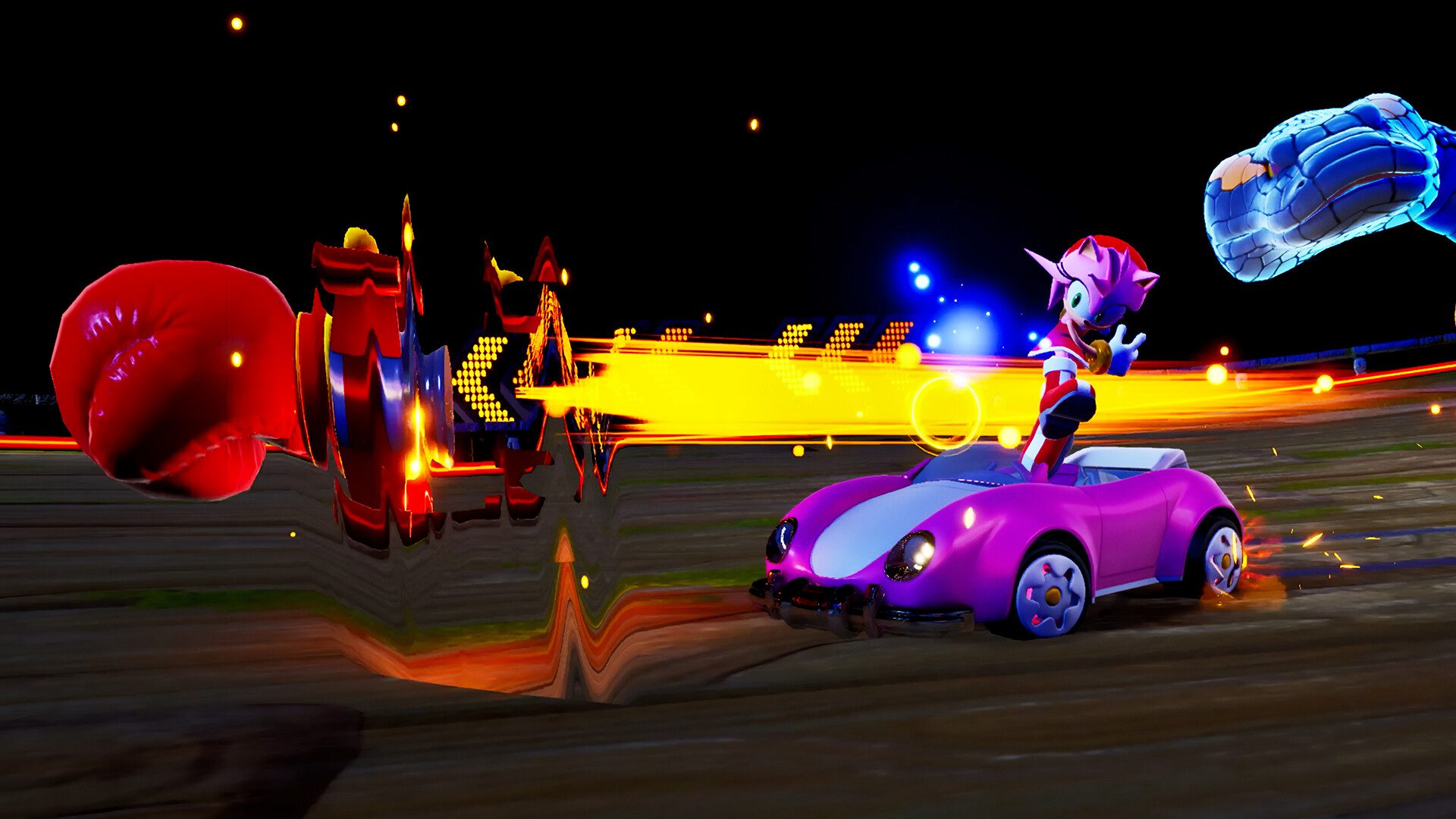 Amy Rose fires an item off in Sonic Racing: Crossworlds.