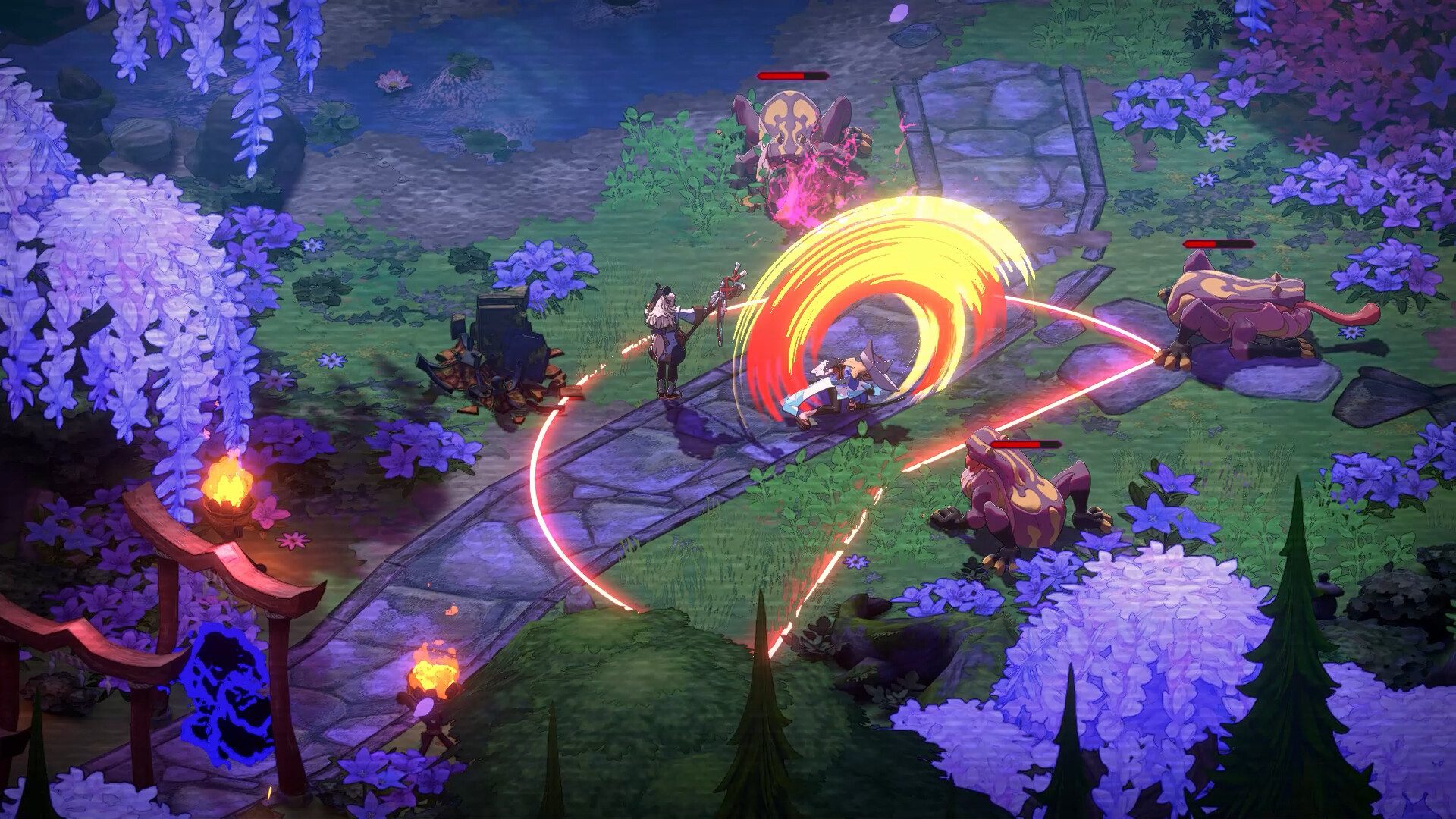 Heroes slash enemies in Towa and the Guardians of the Sacred Tree.