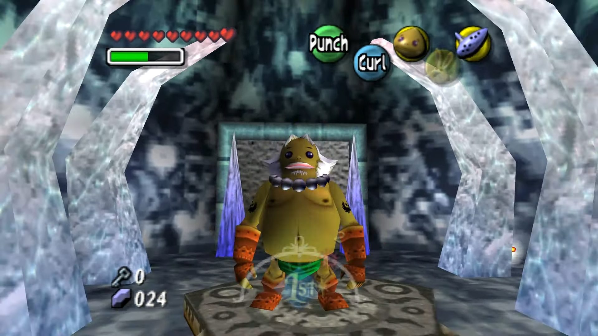 A goron outside a temple door.