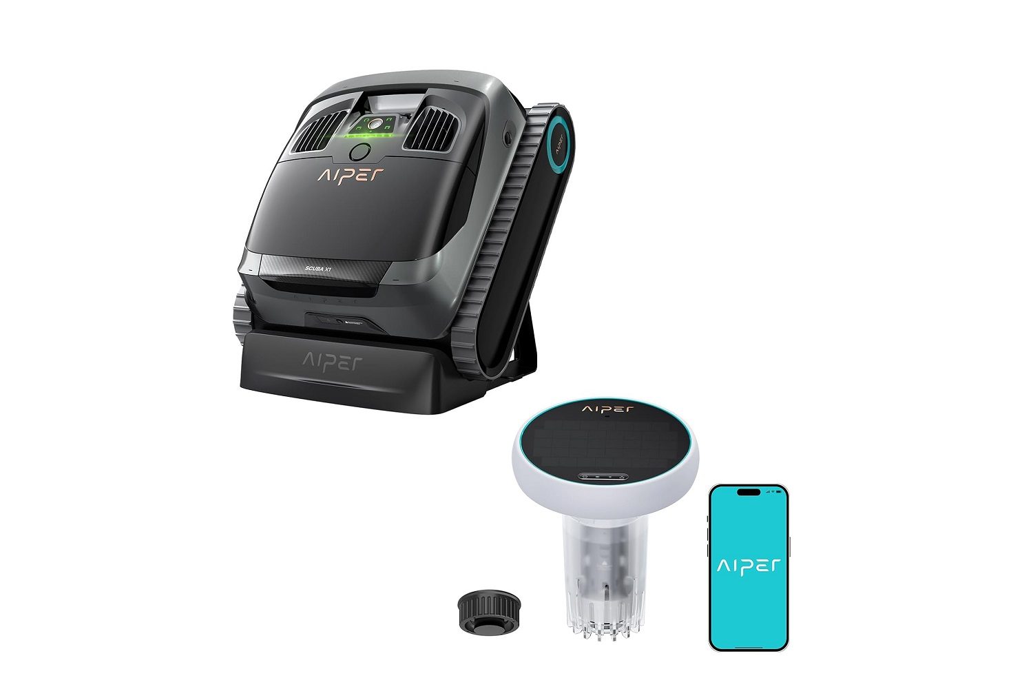 The Aiper Scuba X1 robotic pool cleaner with HydroComm Pro on a white background.