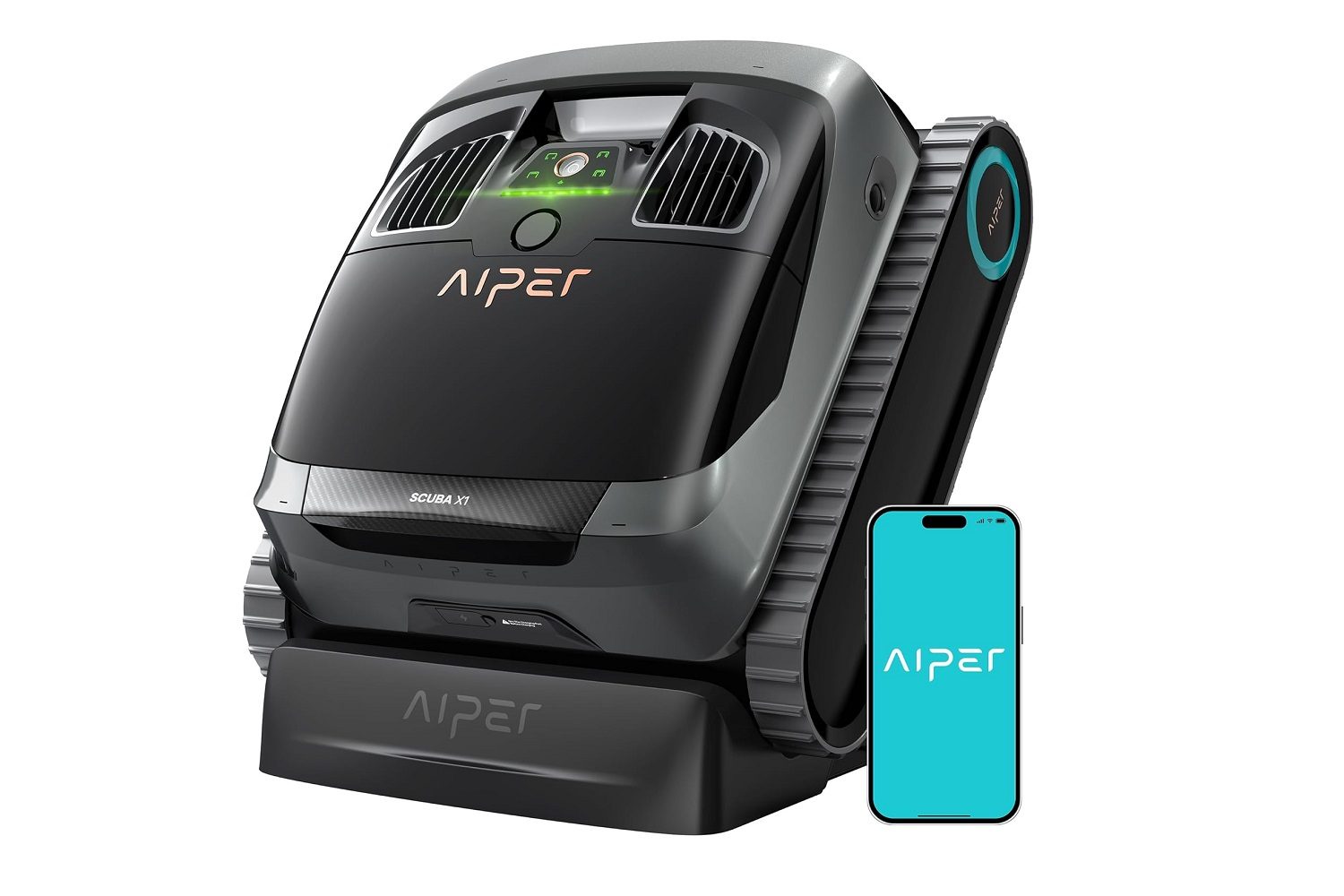 The Aiper Scuba X1 robotic pool cleaner on a white background.
