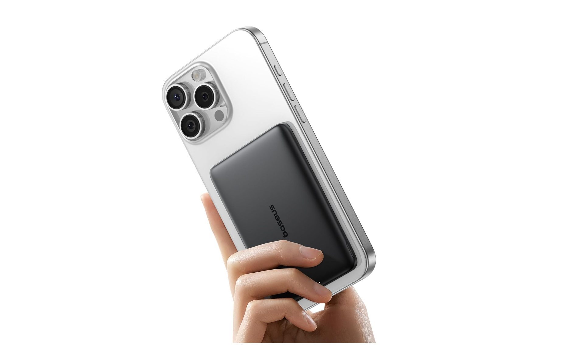 An iPhone equipped with an ultra-slim Baseus power bank.