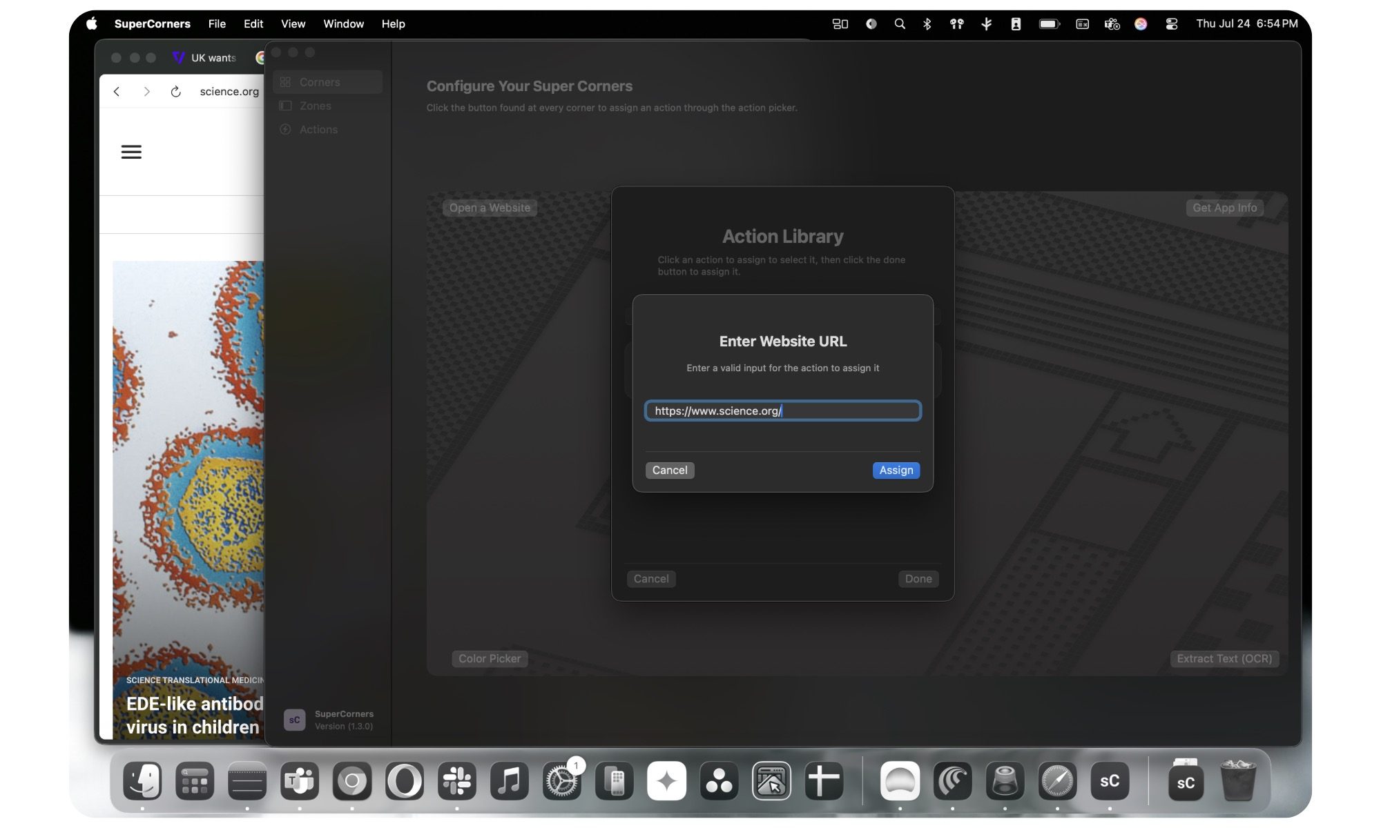 Assigning a website launch to a corner in SuperCorners app for macOS.