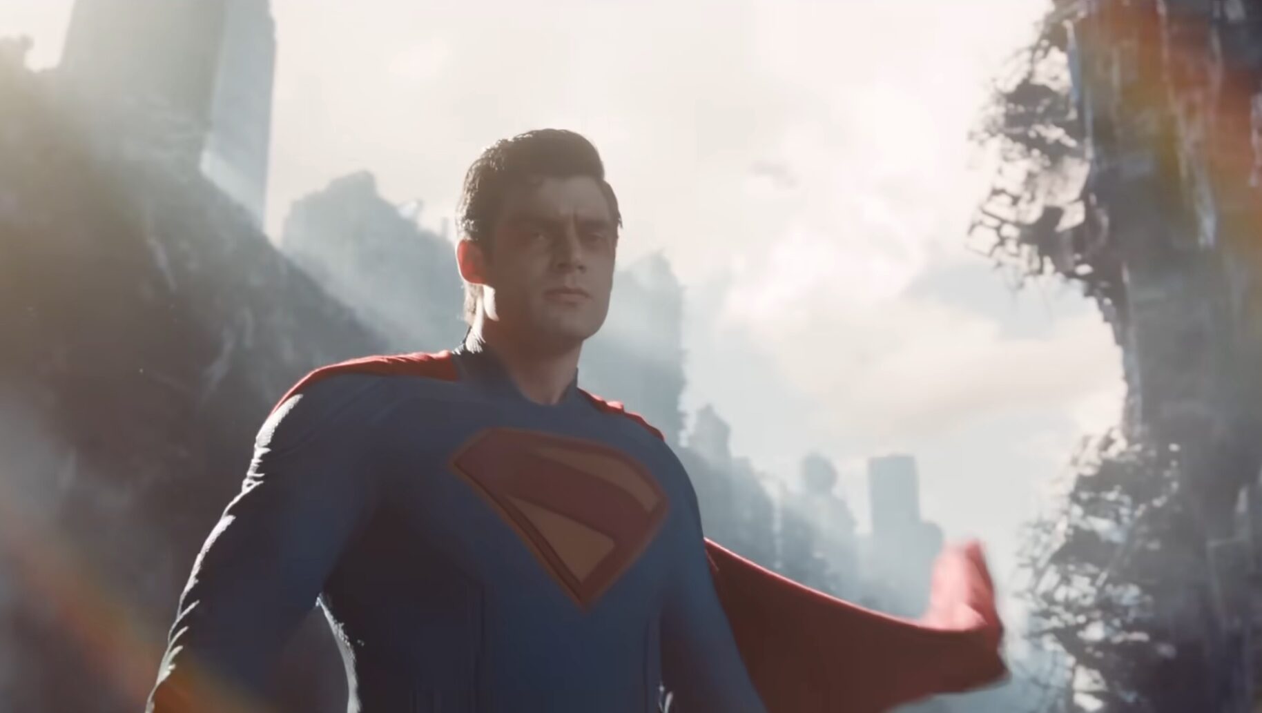 David Corenswet as Superman in a trench in Superman.