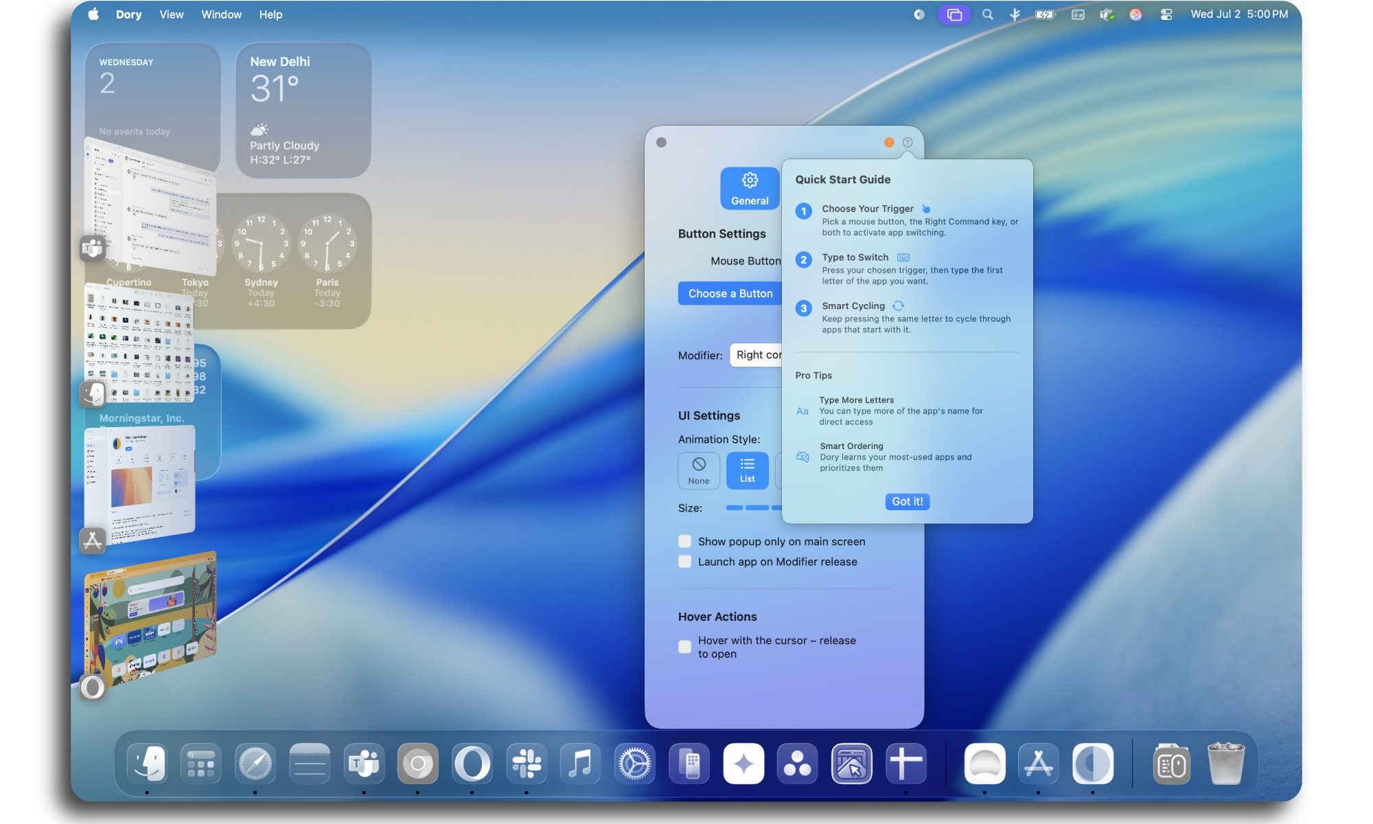 Adjusting shortcuts in Dory app for Mac.