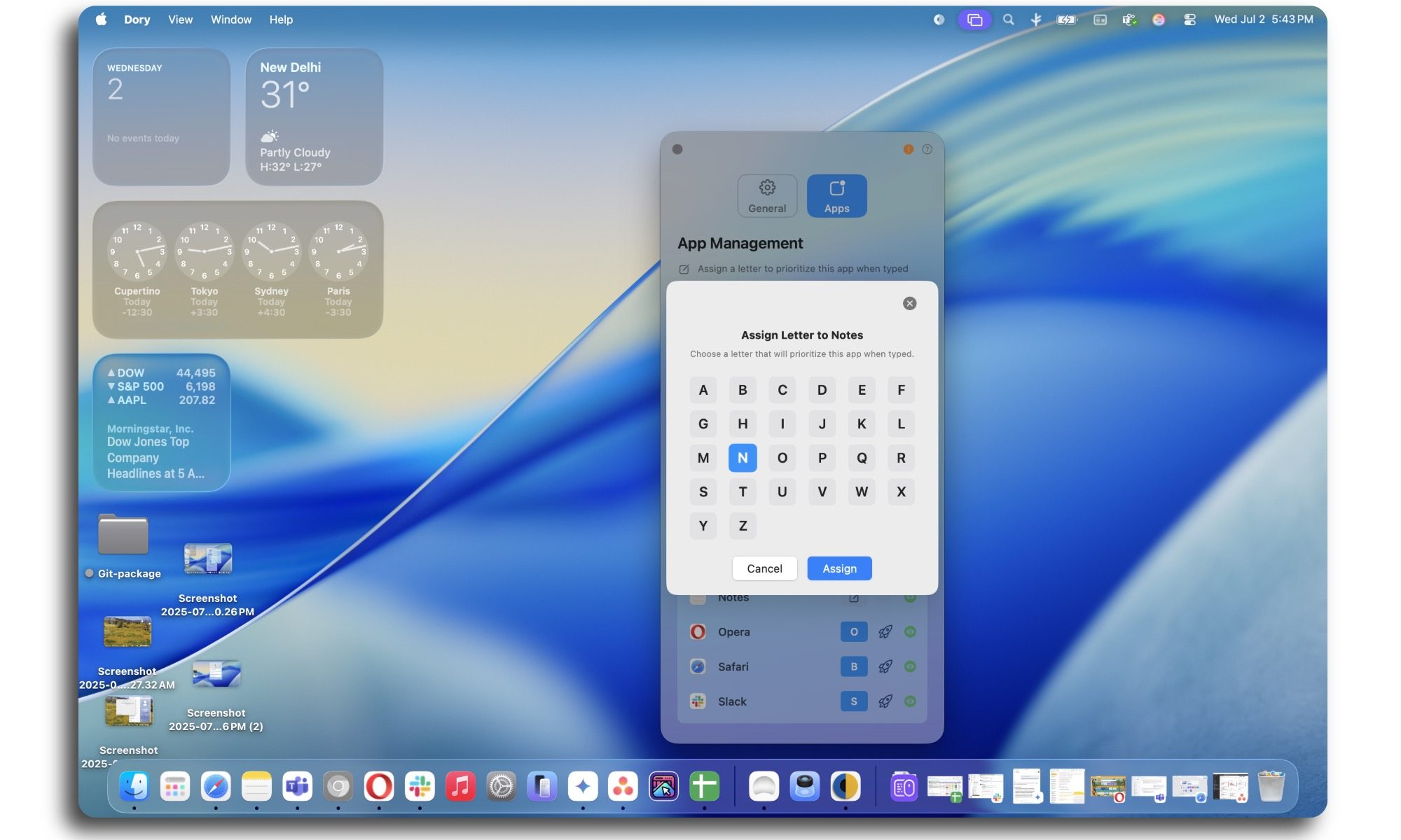 Setting key shortcuts in dory app.
