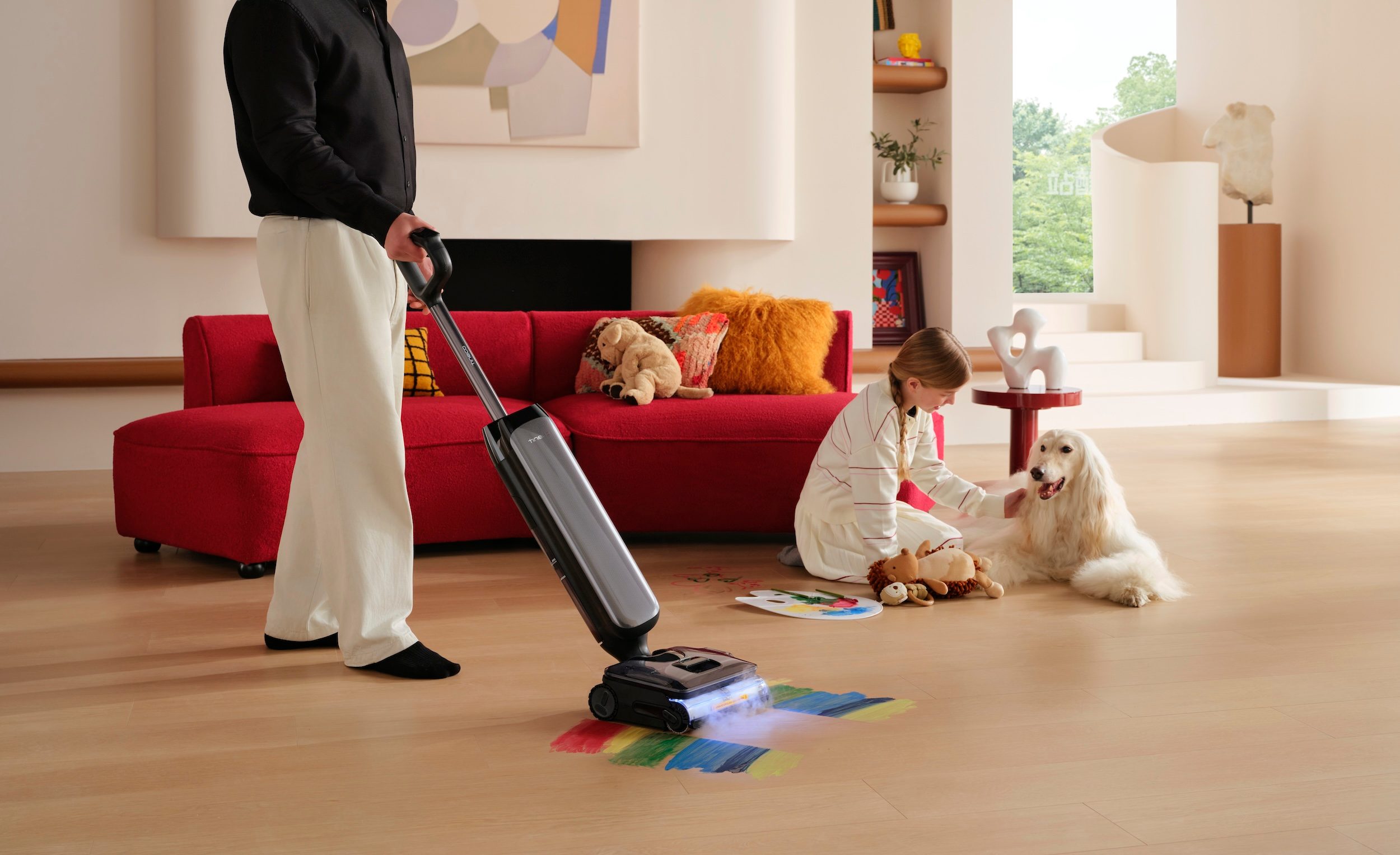 mother vacuuming floor