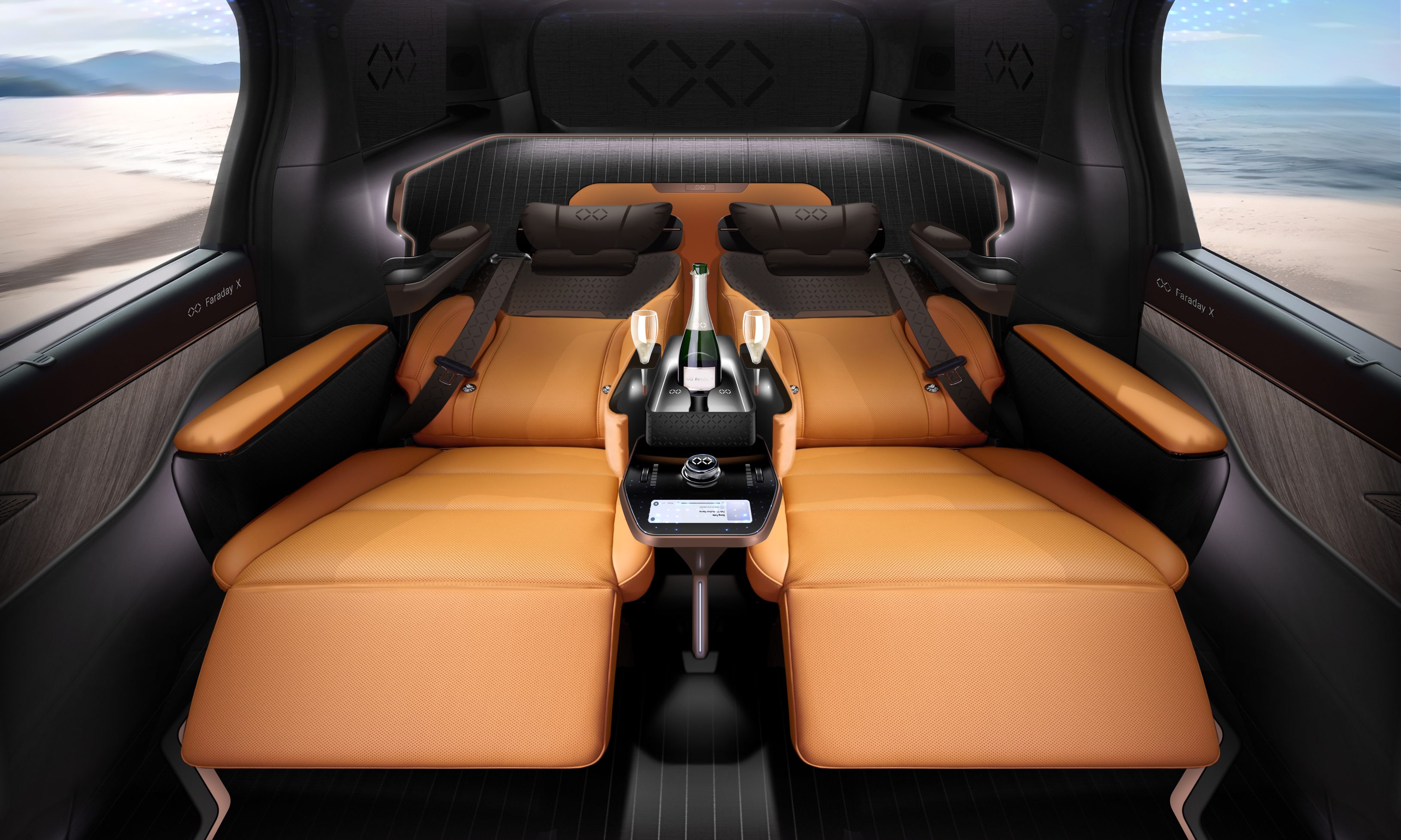 Two reclined interior seats in the Faraday FX Super One MPV
