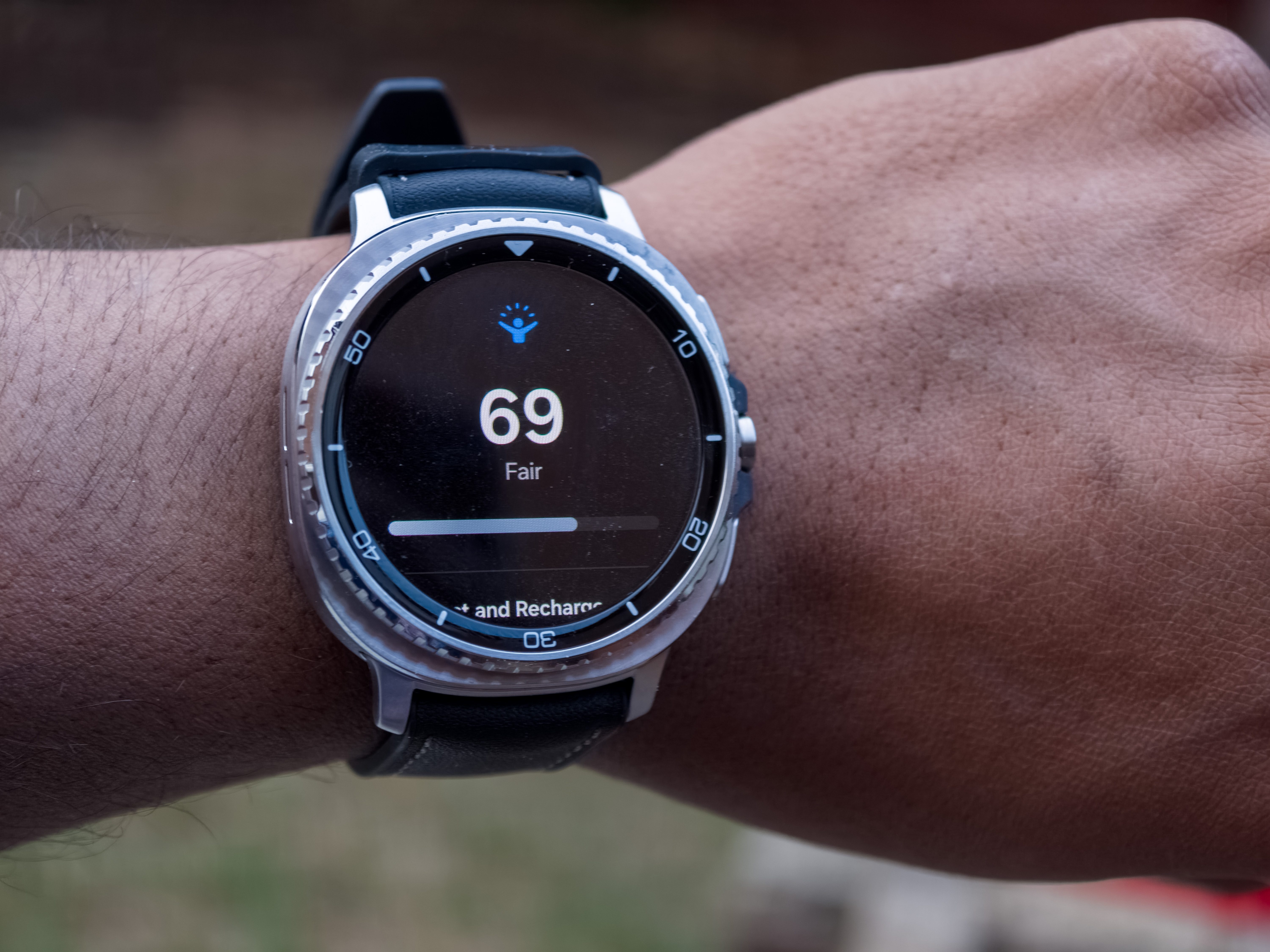 Energy score on a Galaxy Watch 8 Classic in Black on a wrist