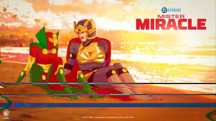 Mister Miracle and Big Barda sitting together in a poster for Mister Miracle.