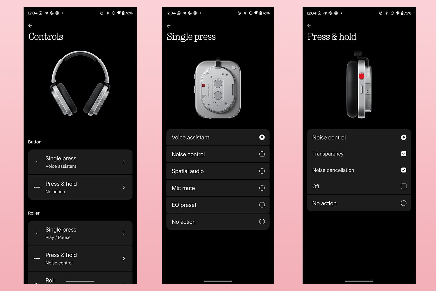 Button customization features in the Nothing X app for the Nothing Headphone 1 running on a Motorola Razr Ultra 2025
