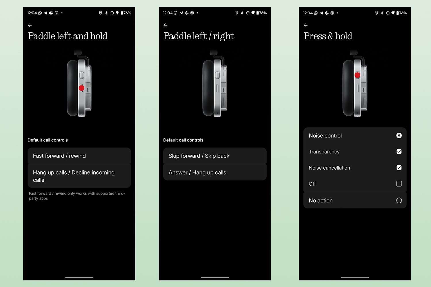 Button customization features in the Nothing X app for the Nothing Headphone 1 running on a Motorola Razr Ultra 2025
