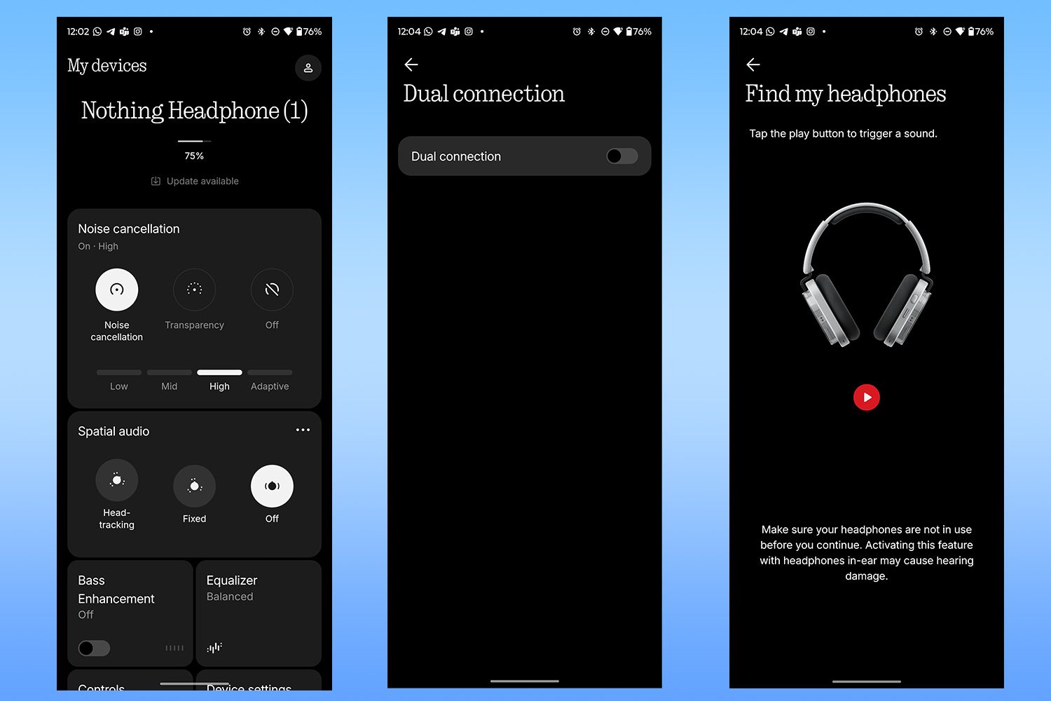 Device settings and the app home page on the Nothing X app for the Nothing Headphone 1 running on a Motorola Razr Ultra 2025