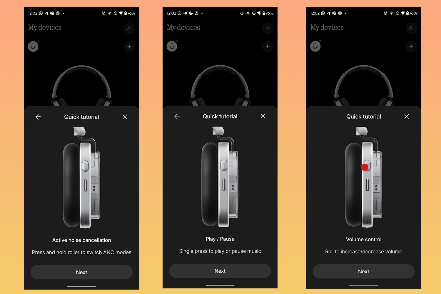 Device quick controls displayed on the Nothing X app for the Nothing Headphone 1 running on a Motorola Razr Ultra 2025