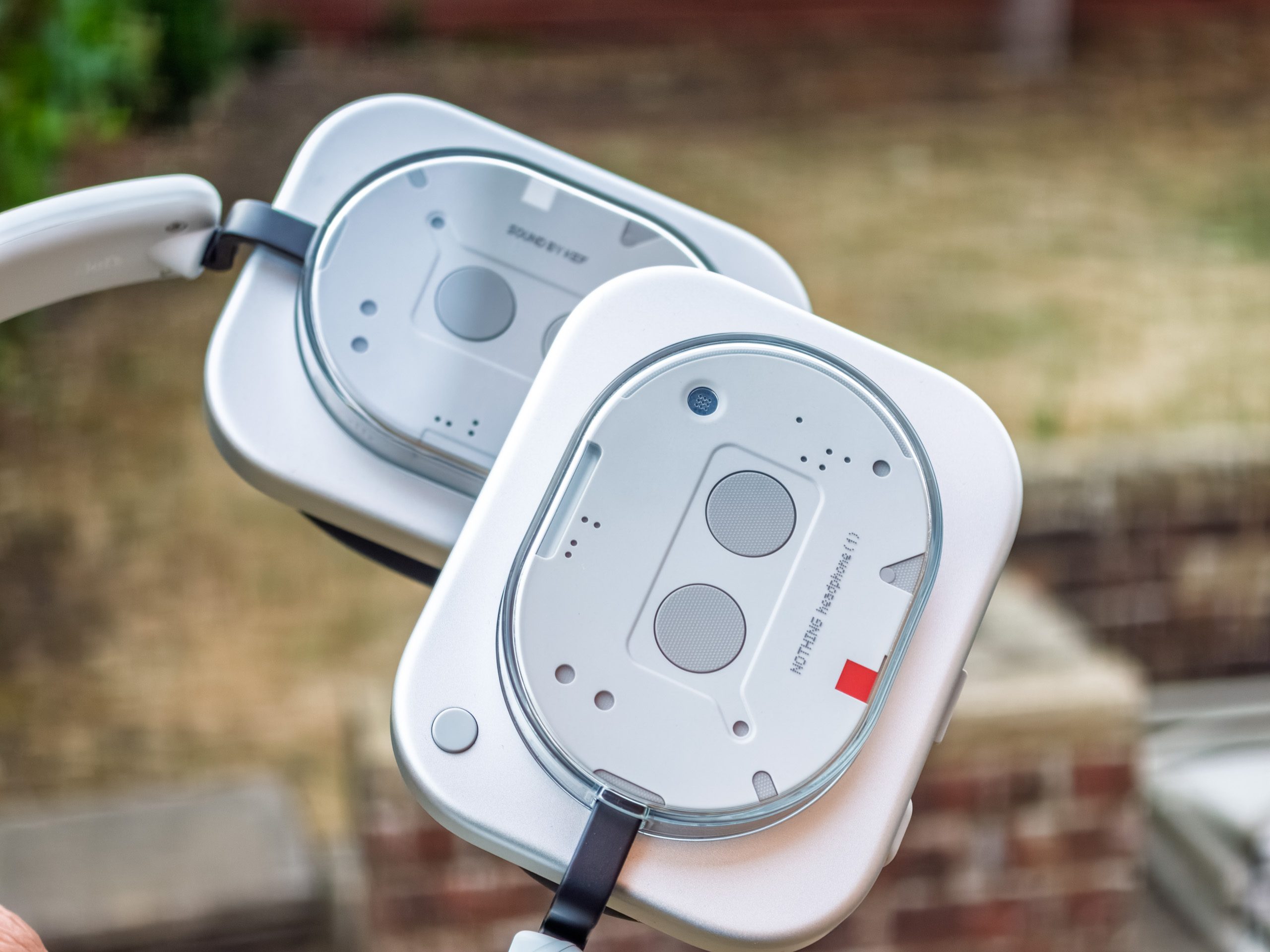 The ears and unique design on the Nothing Headphone 1 in white.