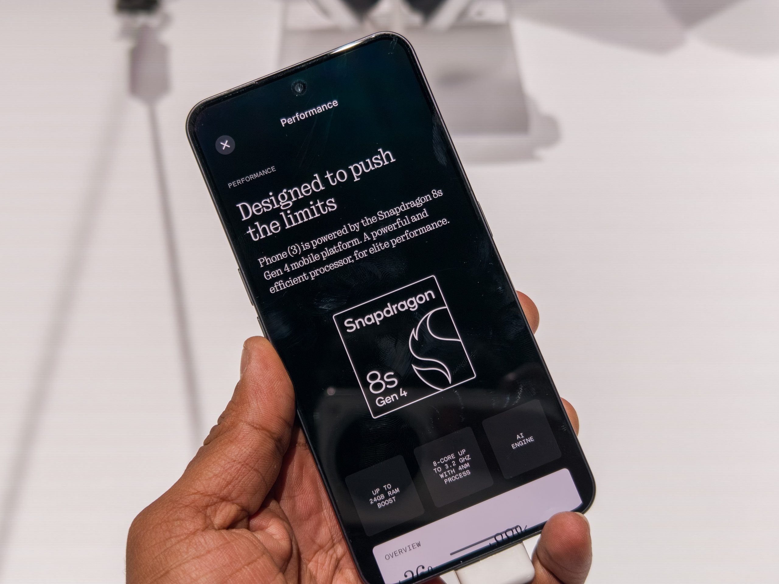 The Nothing Phone 3 in black with the Snapdragon 8s Gen 4 logo on screen