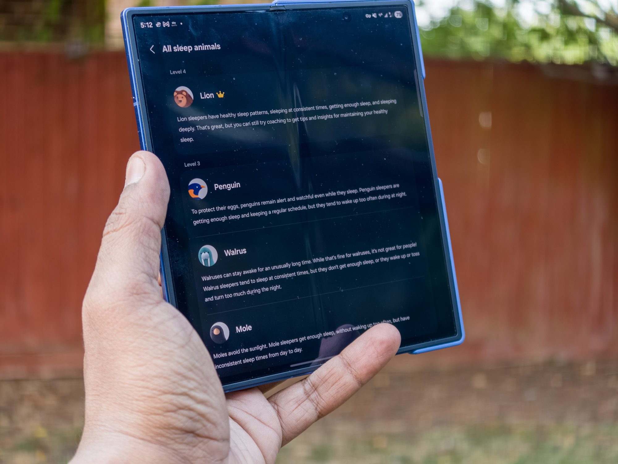 Samsung Sleep Coaching displayed on the main display of the Galaxy Z Fold 7