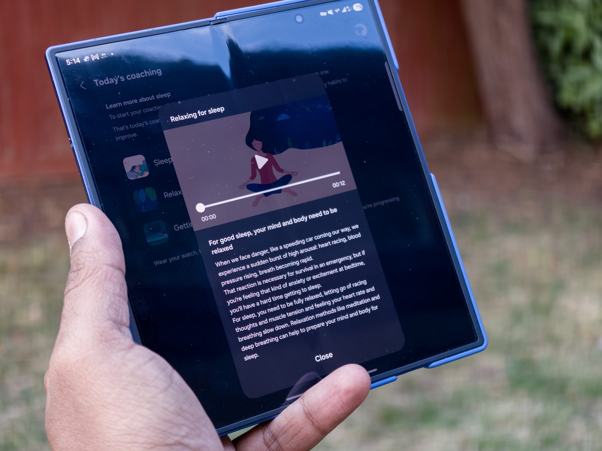 Samsung Sleep Coaching displayed on the main display of the Galaxy Z Fold 7