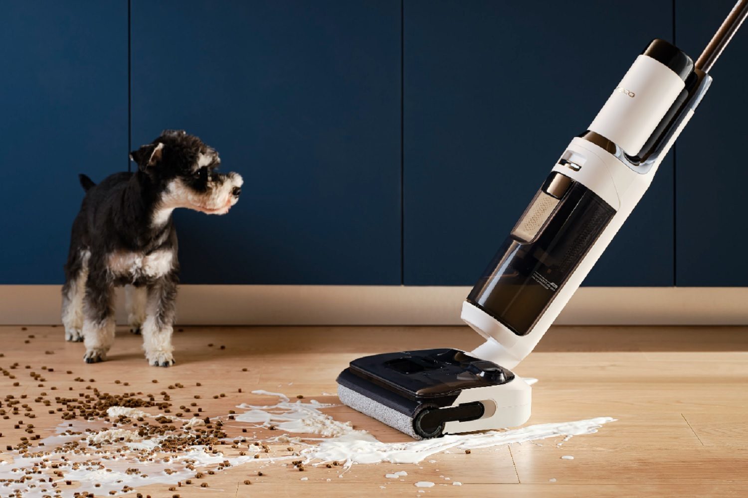 The Tineco Floor One Stretch S6 cordless vacuum cleaner cleaning a spill.