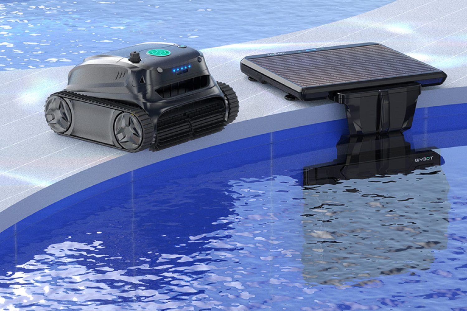 The Wybot S2 Solar robotic pool cleaner with its charger beside the swimming pool.