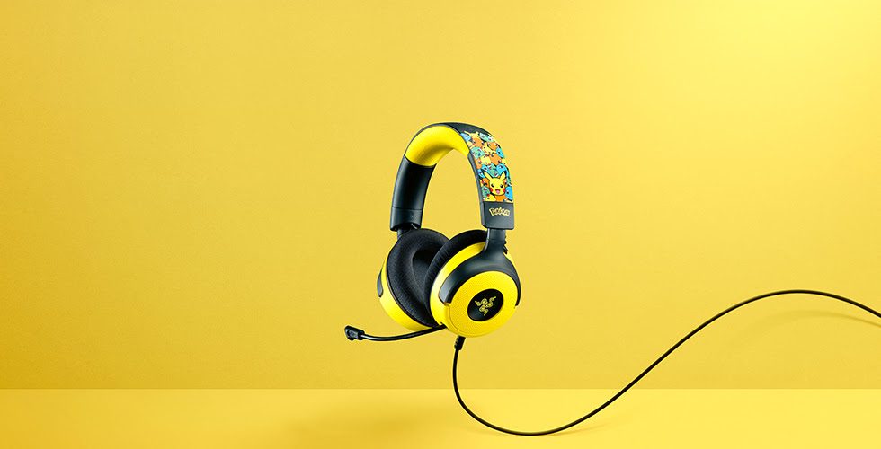Razer Kraken V4 X Pokemon-themed mouse over a yellow background