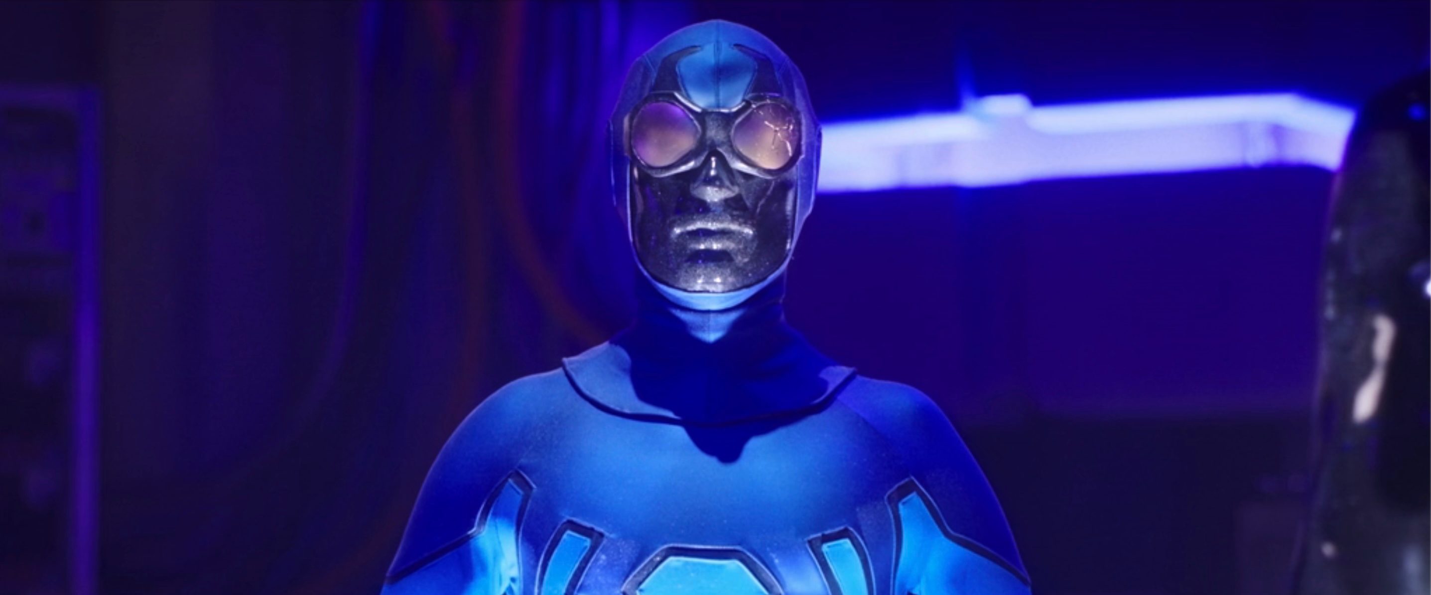 A mannequin wearing Ted Kord's superhero costume in the film Blue Beetle.