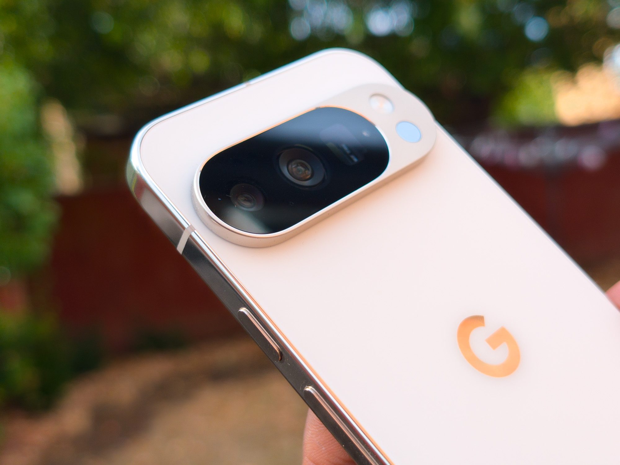 The cameras on the Google Pixel 10 Pro in Porcelain in the hand