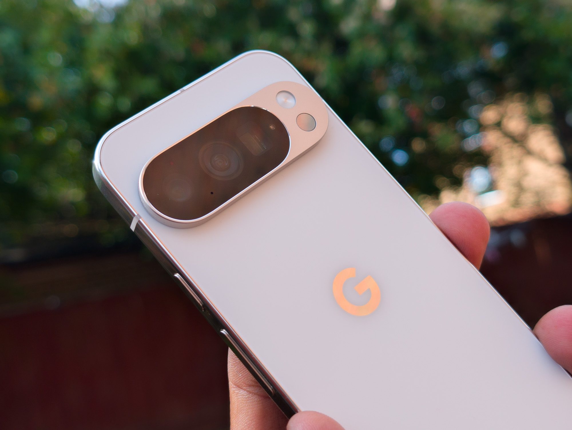The cameras on the Google Pixel 10 Pro in Porcelain in the hand