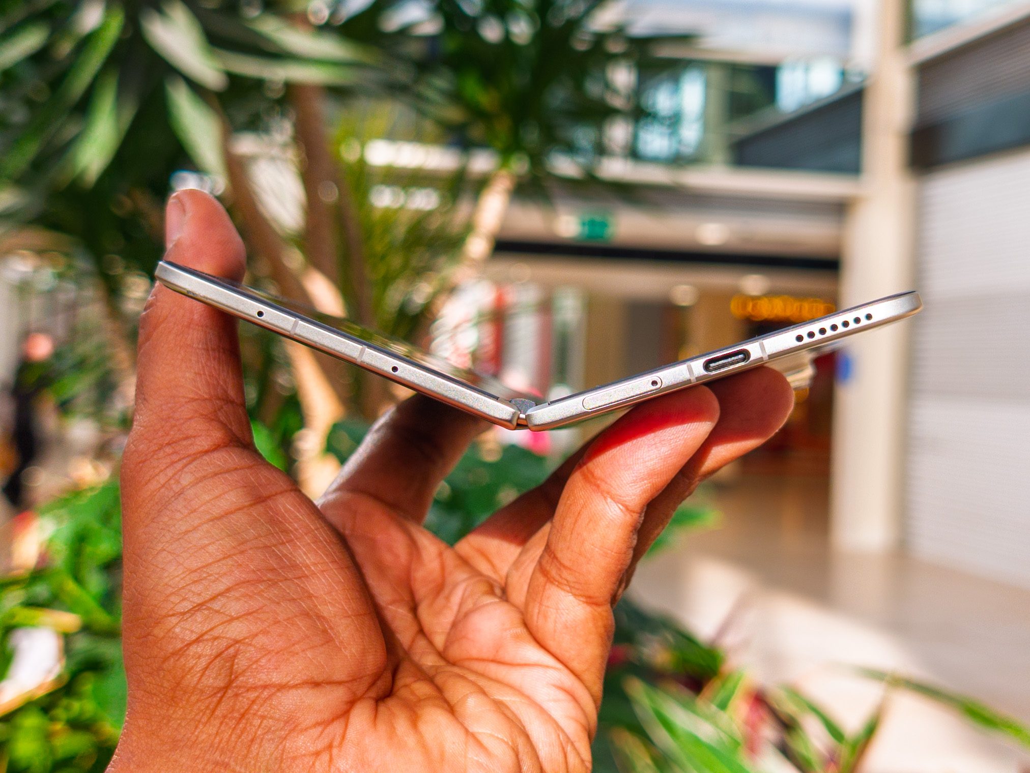 USB-C port on the Honor Magic V5 in Ivory White (world's thinnest folding phone)