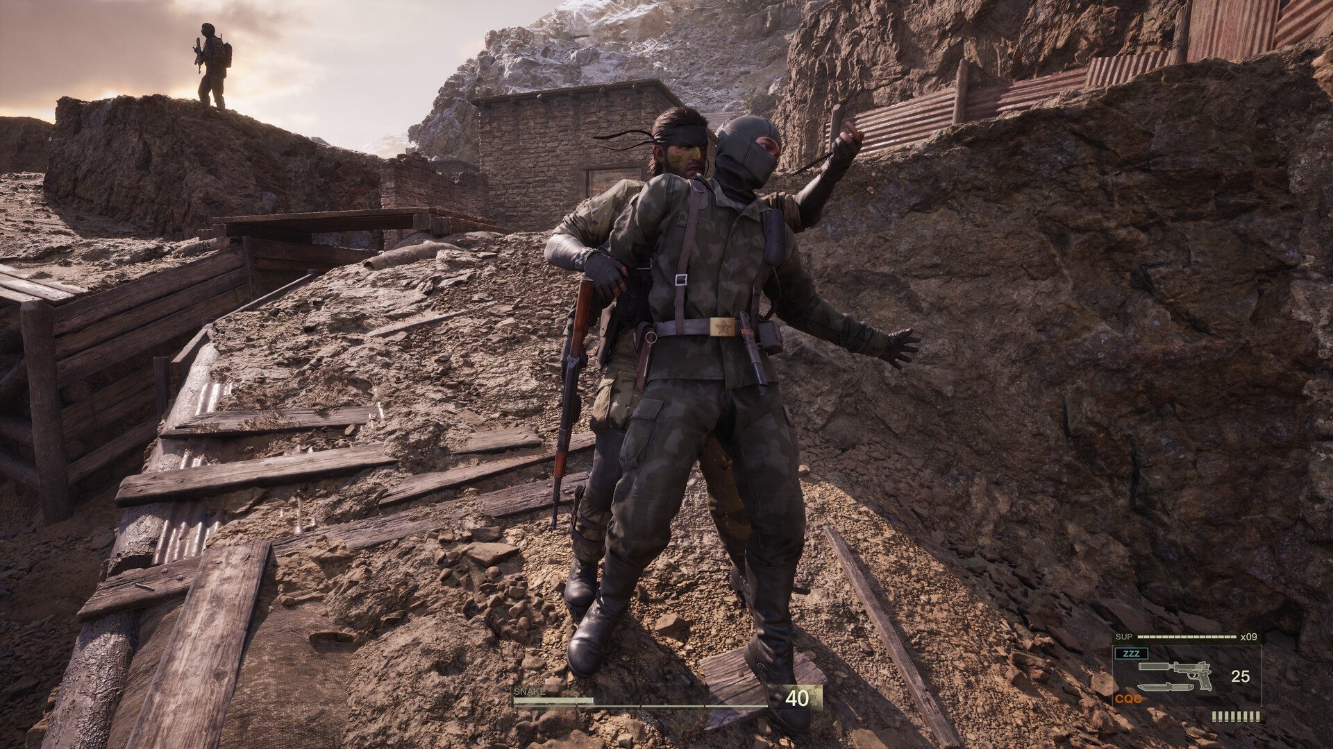 Snake holding a soldier at knife point.